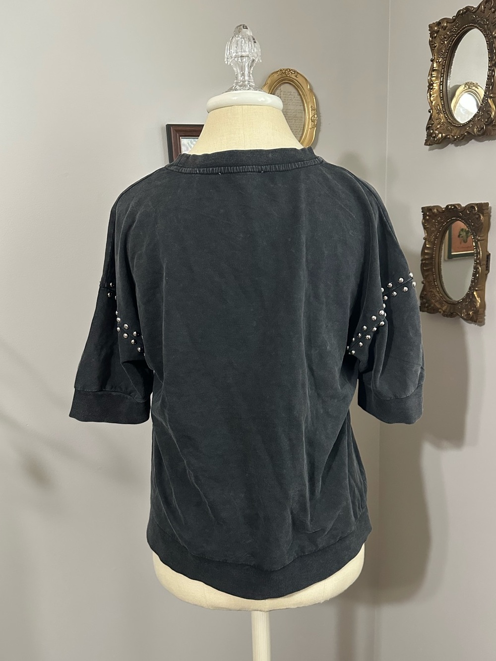 Washed Black Studded Short Sleeve Tee - Women's Casual Top - Picture 5 of 6